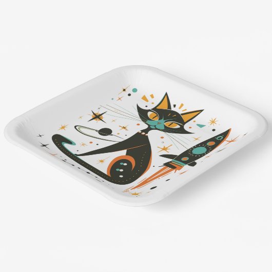 MCM Schwarze Katze Retro Raumschiff Sterne Planete Pappteller (Gewinkelt)