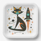 MCM Schwarze Katze Retro Raumschiff Sterne Planete Pappteller (Vorderseite)
