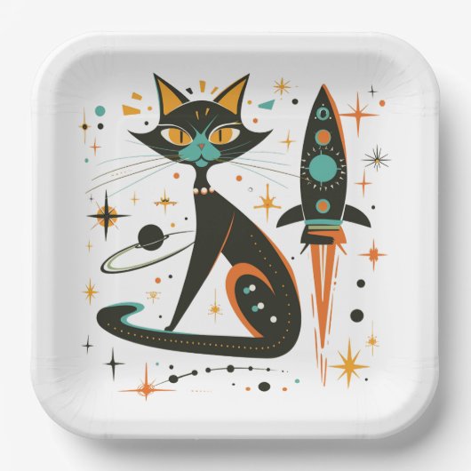 MCM Schwarze Katze Retro Raumschiff Sterne Planete Pappteller (Vorderseite)