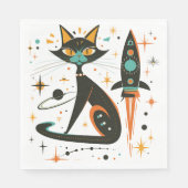 MCM Schwarze Katze Retro Raumschiff Sterne Planete Serviette (Vorderseite)