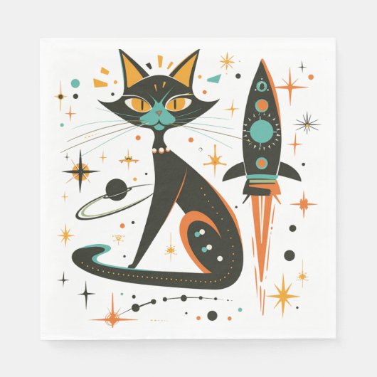 MCM Schwarze Katze Retro Raumschiff Sterne Planete Serviette (Vorderseite)