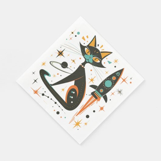 MCM Schwarze Katze Retro Raumschiff Sterne Planete Serviette (Ecke)