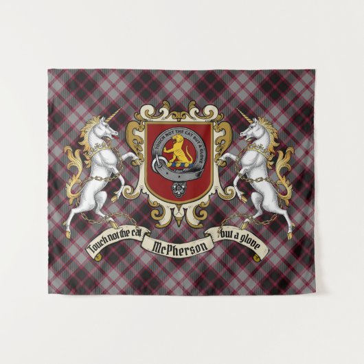 McPherson Clan Abzeichen & Unicorns w/Tartan Wandteppich (Vorderseite (Horizontal))