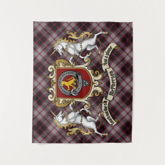 McPherson Clan Abzeichen & Unicorns w/Tartan Wandteppich (Vorderseite)