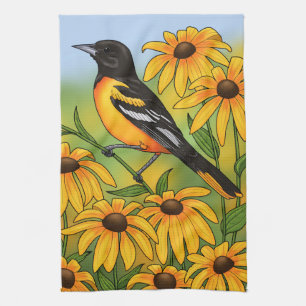 MD Staat Bird Oriole & Black-mit Augen Susan Blume Geschirrtuch