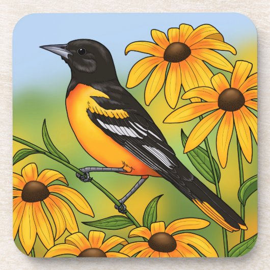 MD Staat Bird Oriole & Black-mit Augen Susan Blume Getränkeuntersetzer (Vorderseite)