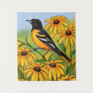 MD Staat Bird Oriole & Black-mit Augen Susan Blume Wandteppich