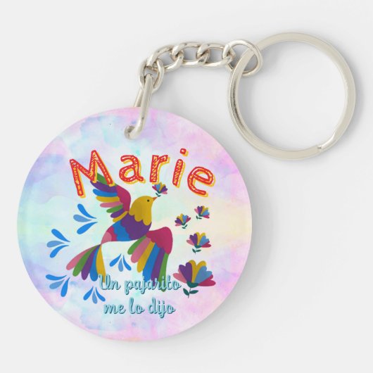   'Me lo dijo un pajarito' – editable nombre foto  Schlüsselanhänger (Rückseite)