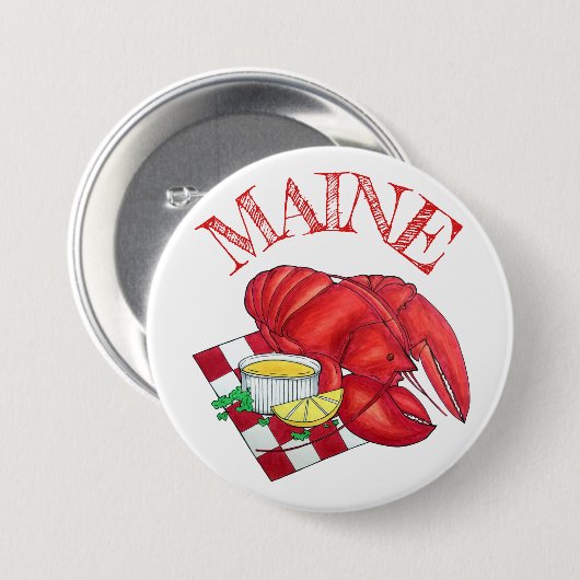 ME Maine Lobster Shack Seafood Dinner Red Gingham Button (Vorne & Hinten)