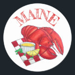 ME Maine Lobster Shack Seafood Dinner Red Gingham Runder Aufkleber<br><div class="desc">Das Design zeichnet sich durch eine originelle Illustration eines klassischen Maine-gedämpften Hummerdinner aus, serviert auf einem rot-weißen Picknickdecke mit Zitronenkeil und reichlich geschmolzener Butter! Dieses Hummer-Design ist auch auf anderen Produkten erhältlich. Viele weitere thematische Illustrationen von Maine und Neuengland sind auch in diesem Shop erhältlich. Sehen Sie nicht, wonach Sie...</div>