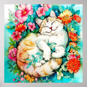 Meadow Blossom Cat Bliss Wasserfarbe Poster