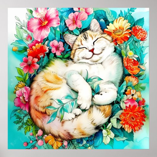 Meadow Blossom Cat Bliss Wasserfarbe Poster (Vorne)