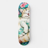 Meadow Blossom Cat Bliss Wasserfarbe Skateboard (Vorderseite)
