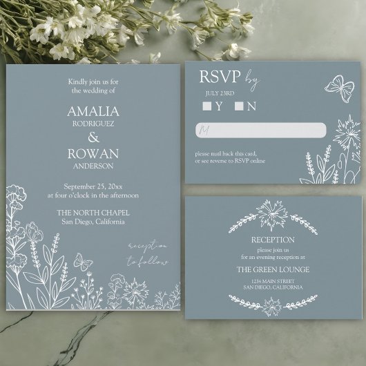 Meadow Blume Blue Gray Wedding Einladung