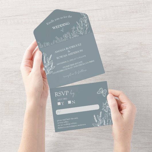 Meadow Blume Blue Gray Wedding RSVP All In One Einladung (Abreißtisch)