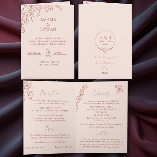 Meadow Blume Misty Rose All-in-One Hochzeit Einladung