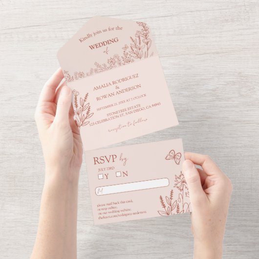 Meadow Blume Misty Rose Wedding RSVP All In One Einladung (Abreißtisch)