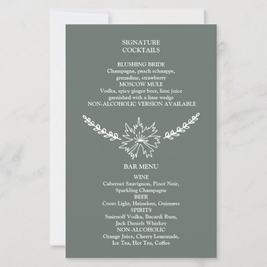 Meadow Blume Sirocco Green Wedding Budget Menu (Rückseite)