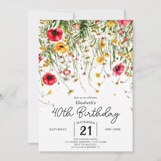 Meadow Custom Wildblumen 40. Geburtstag Einladung (Vorderseite)