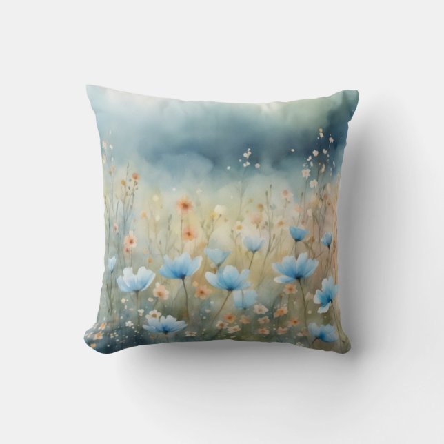 Meadow Dreams Soft Blue Wildblume Watercolor Kissen (Vorderseite)