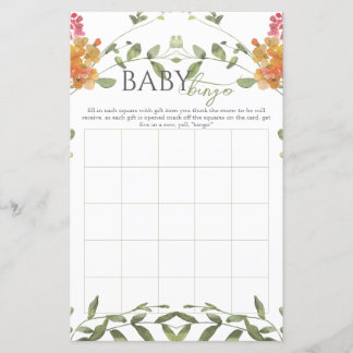 Meadow Flowers Watercolor Baby Shower Bingo Game