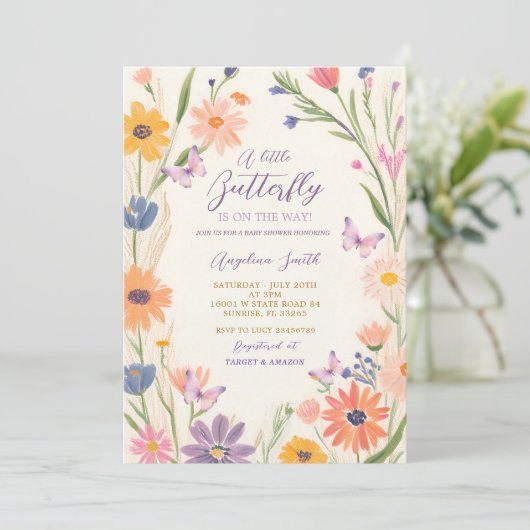 Meadow Garden Wildblume Butterflies Babydusche Einladung (Stehend Vorderseite)