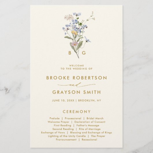 Meadow Gold-Hochzeitsprogramm für Frühjahr-Wildblu (Vorderseite)