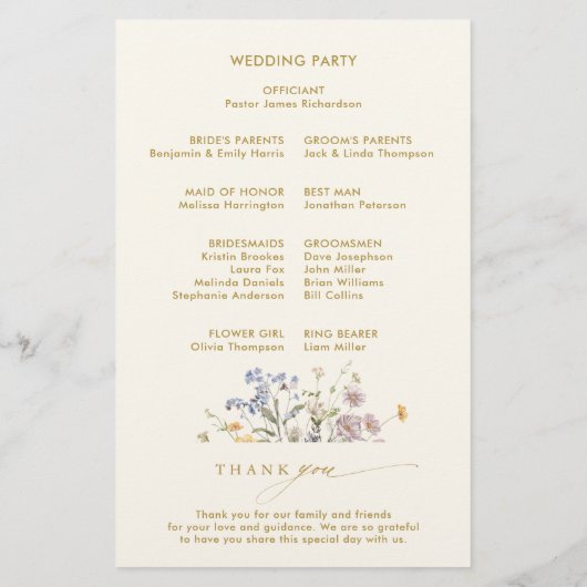 Meadow Gold-Hochzeitsprogramm für Frühjahr-Wildblu (Rückseite)