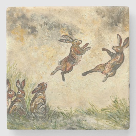 Meadow Matchup Playful Hares in a Meadow Steinuntersetzer (Vorderseite)