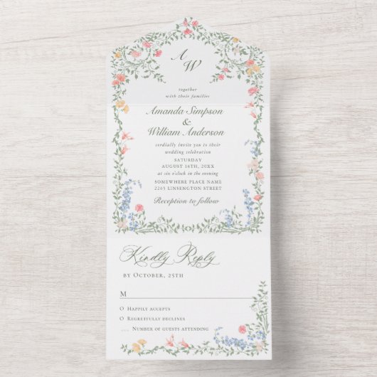 Meadow Pastel Französische Rose Blumenhochzeit All In One Einladung (Innen Boden)