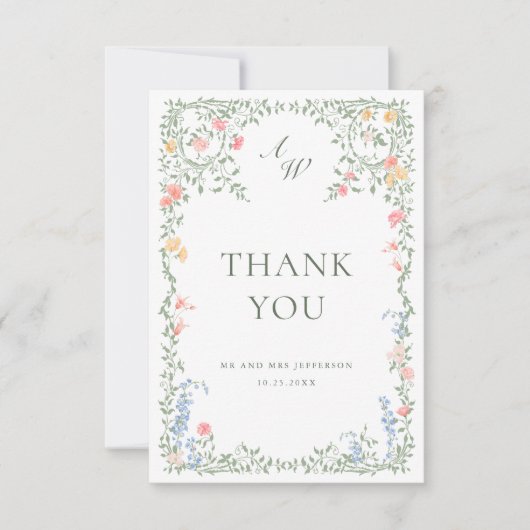 Meadow Pastel Französische Rose Blumenhochzeit Dankeskarte (Vorderseite)