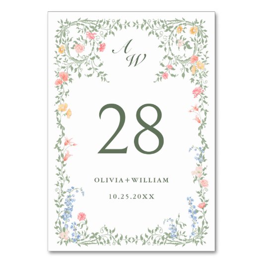 Meadow Pastel Französische Rose Blumenhochzeit Tischnummer (Vorderseite)