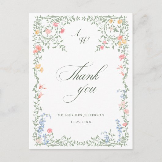 Meadow Pastel Französische Rose Hochzeit Danke Postkarte (Vorderseite)