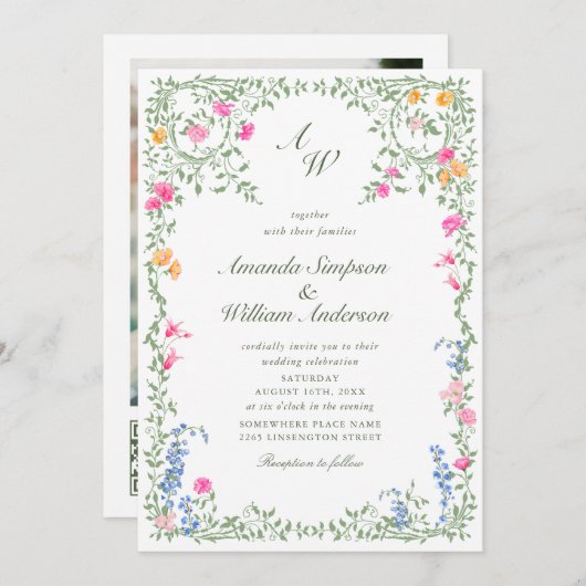 Meadow Pastel French Rose Floral Wedding QR-Code Einladung (Vorne/Hinten)