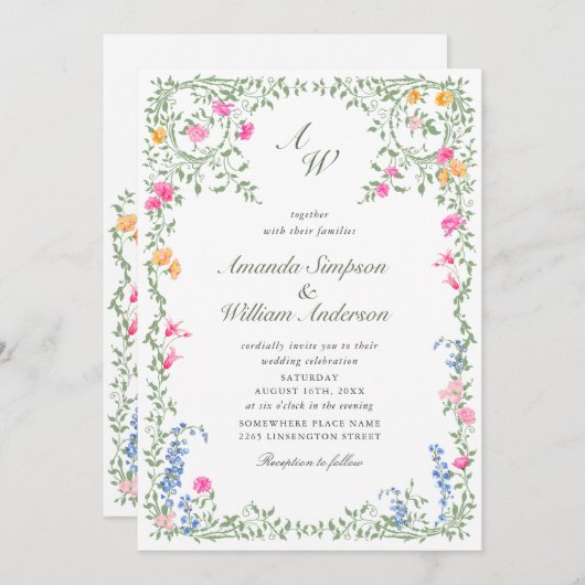 Meadow Pastel French Rose Floral Wedding QR-Code Einladung (Vorne/Hinten)