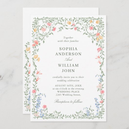 Meadow Pastel French Rose Floral Wedding QR-Code Einladung (Vorne/Hinten)