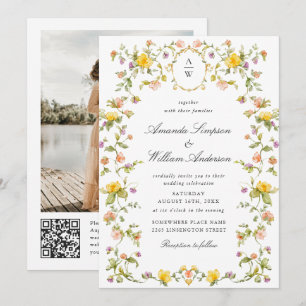 Meadow Pastel Rose Floral Wedding QR Code Foto Einladung