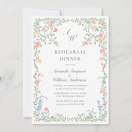 Meadow Pastor Französische Rose Probe Abendessen Einladung (Vorderseite)