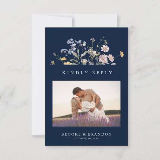 Meadow Wedding QR-Code für Navy Spring Wildblume RSVP Karte (Vorderseite)