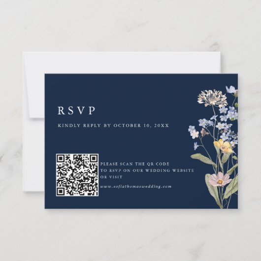 Meadow Wedding QR-Code für Navy Spring Wildblume RSVP Karte (Vorderseite)