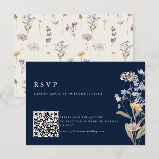 Meadow Wedding QR-Code für Navy Spring Wildblume RSVP Karte (Vorne/Hinten)