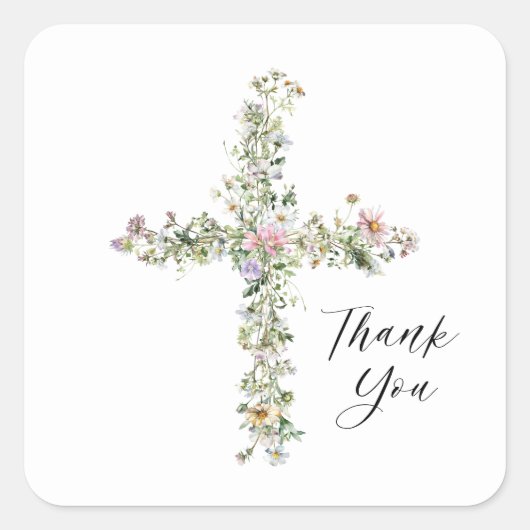 Meadow Wildblume Cross Religious Vielen Dank Quadratischer Aufkleber (Vorderseite)