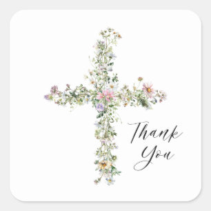 Meadow Wildblume Cross Religious Vielen Dank Quadratischer Aufkleber
