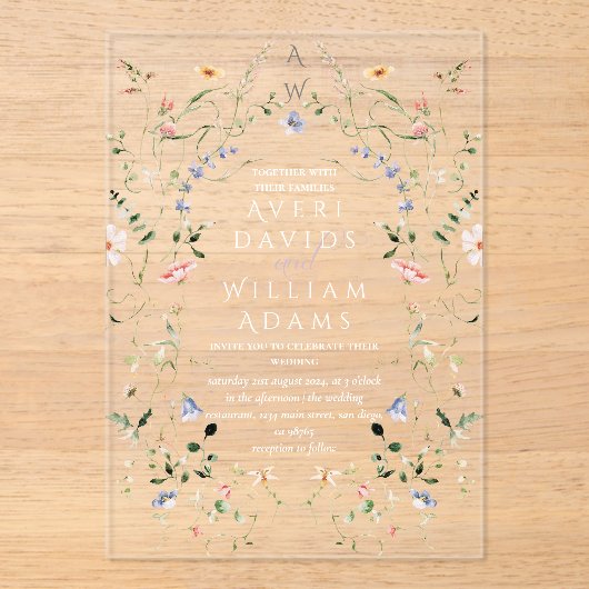 Meadow Wildblume Rustic Boho Wedding Acryleinladungen (Vorderseite)