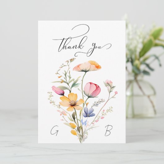 Meadow Wildblume Wedding Monogram Danke Card (Stehend Vorderseite)