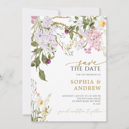 Meadow-Wildblumen, die das Datum speichern Einladung (Vorderseite)