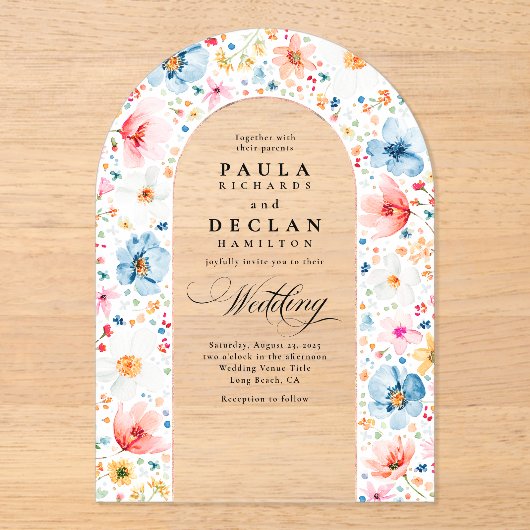 Meadow Wildblumen Elegante Boho Arch Wedding Acryleinladungen (Vorderseite)