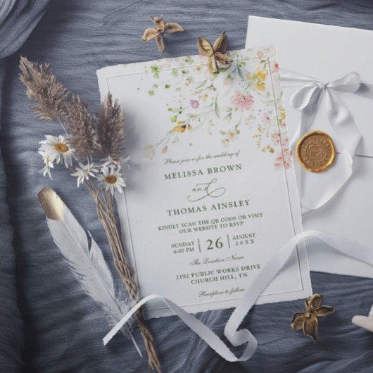 Meadow Wildflowers Boho Budget QR Code Wedding Einladung