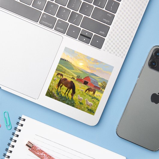 Meadowlight Morning - Square Vinyl  Aufkleber (Laptop mit iPhone)