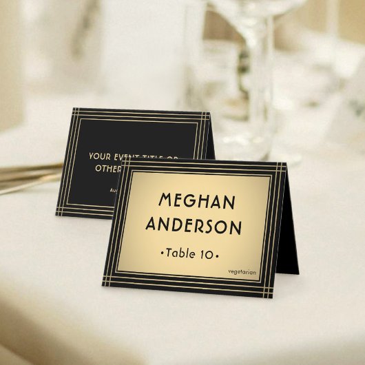 Meal Choice & Name Elegant Black Gold Escort Card Tischnummer